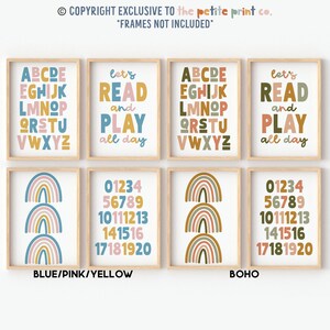 May include: Set of six printable nursery wall art prints featuring rainbow designs, alphabet letters, numbers, and the phrase "Let's read and play all day".