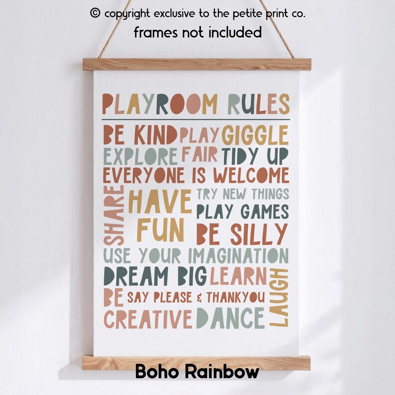 Playroom Rules Print || Playroom Poster, Rainbow Playroom, Fun Playroom Decor, Bright Playroom Prints, Funny Playroom Quote, UNFRAMED Boho Rainbow