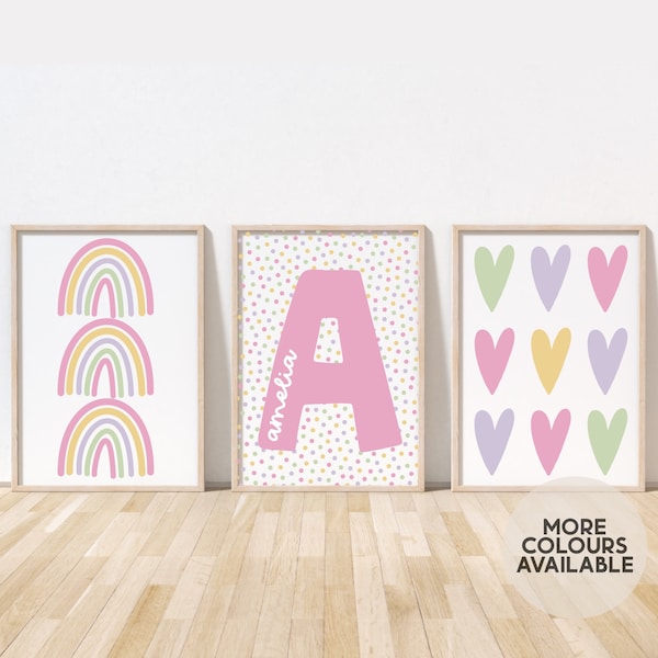 Girls Pastel Print Set | Hearts and Name Prints | Girls Bedroom Print | Girls Nursery Print | Girls Playroom Print | Girls Decor | UNFRAMED