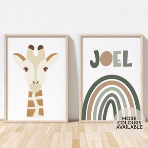 Safari Print Set | Giraffe Print | Name Print | Safari Nursery | Jungle Nursery | Playroom Prints | Boy/Girl Safari Bedroom | UNFRAMED