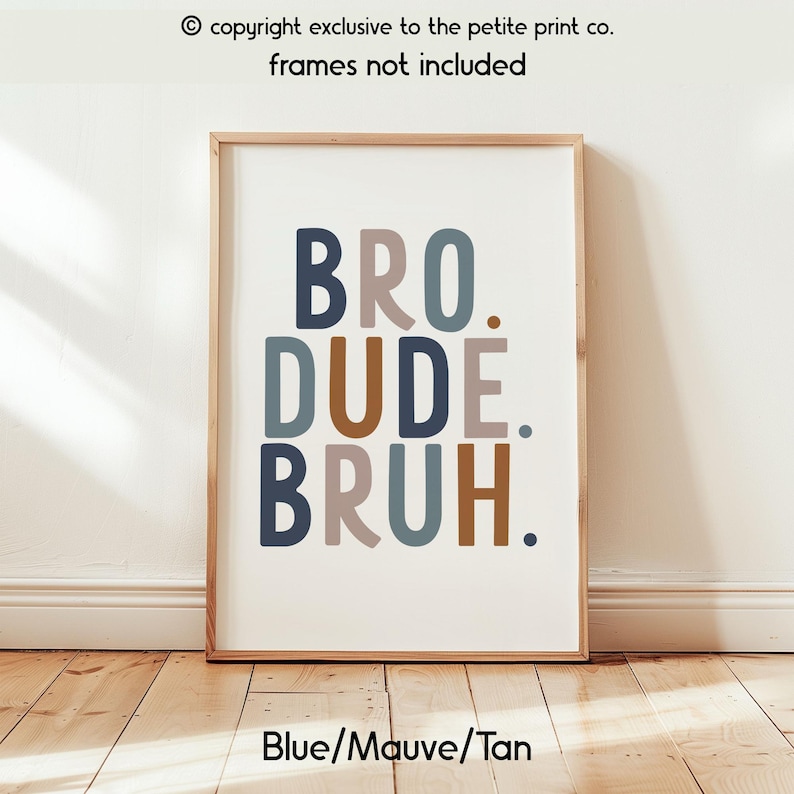 May include: Framed wall art with the words "BRO. DUDE. BRUH." in blue, mauve, and tan colors. The text is centered on a white background. The bottom of the frame has the text "Blue/Mauve/Tan".