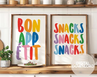 Kitchen Wall Art Printable Set | Bon Appétit & Snacks Prints | Colourful Kitchen Decor Bundle | Typography Food Quote Download