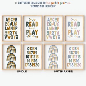 May include: Set of eight printable nursery posters featuring a rainbow, alphabet, numbers, and the phrase "Let's read and play all day". The posters have a jungle and muted pastel color scheme.