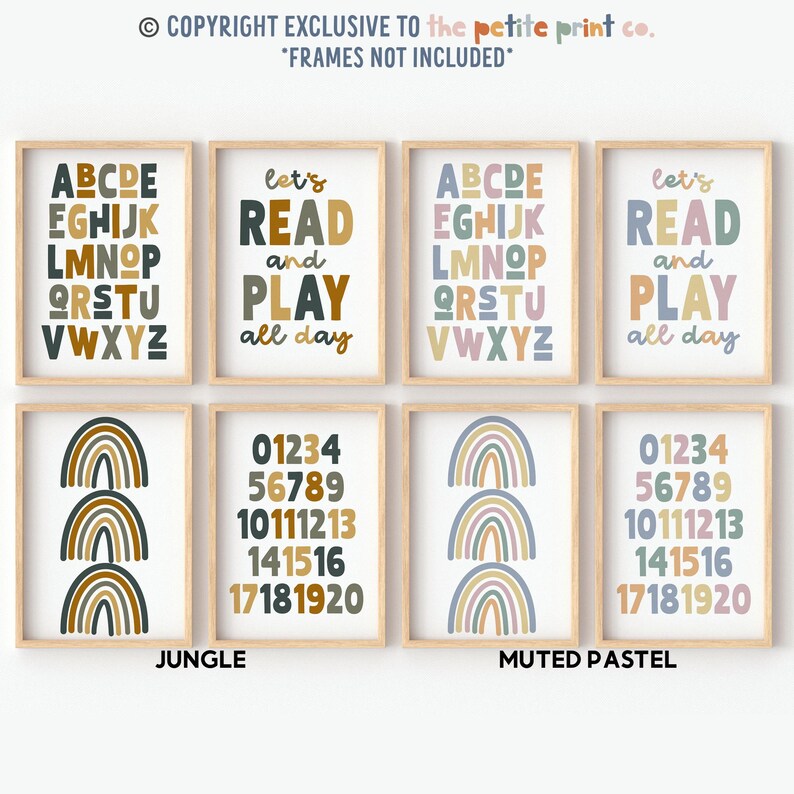May include: Set of eight printable nursery posters featuring a rainbow, alphabet, numbers, and the phrase "Let's read and play all day". The posters have a jungle and muted pastel color scheme.