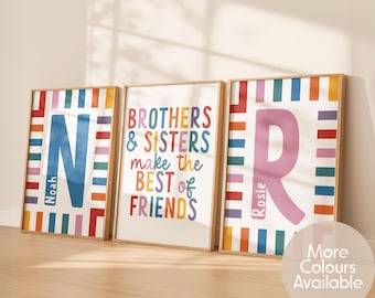 Kids Room Wall Art Set | Brothers & Sisters Quote Print + Personalised Initial Name Posters | Sibling Print | Playroom Boho Decor | UNFRAMED