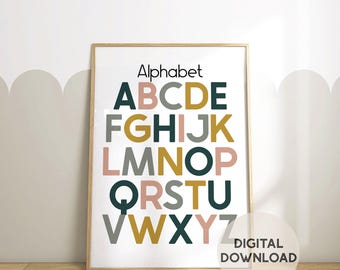 Descarga digital del alfabeto // Póster del alfabeto, póster para el aula, póster para la sala de juegos, impresión educativa para niños, aprender el abecedario, impresión de aprendizaje para niños pequeños