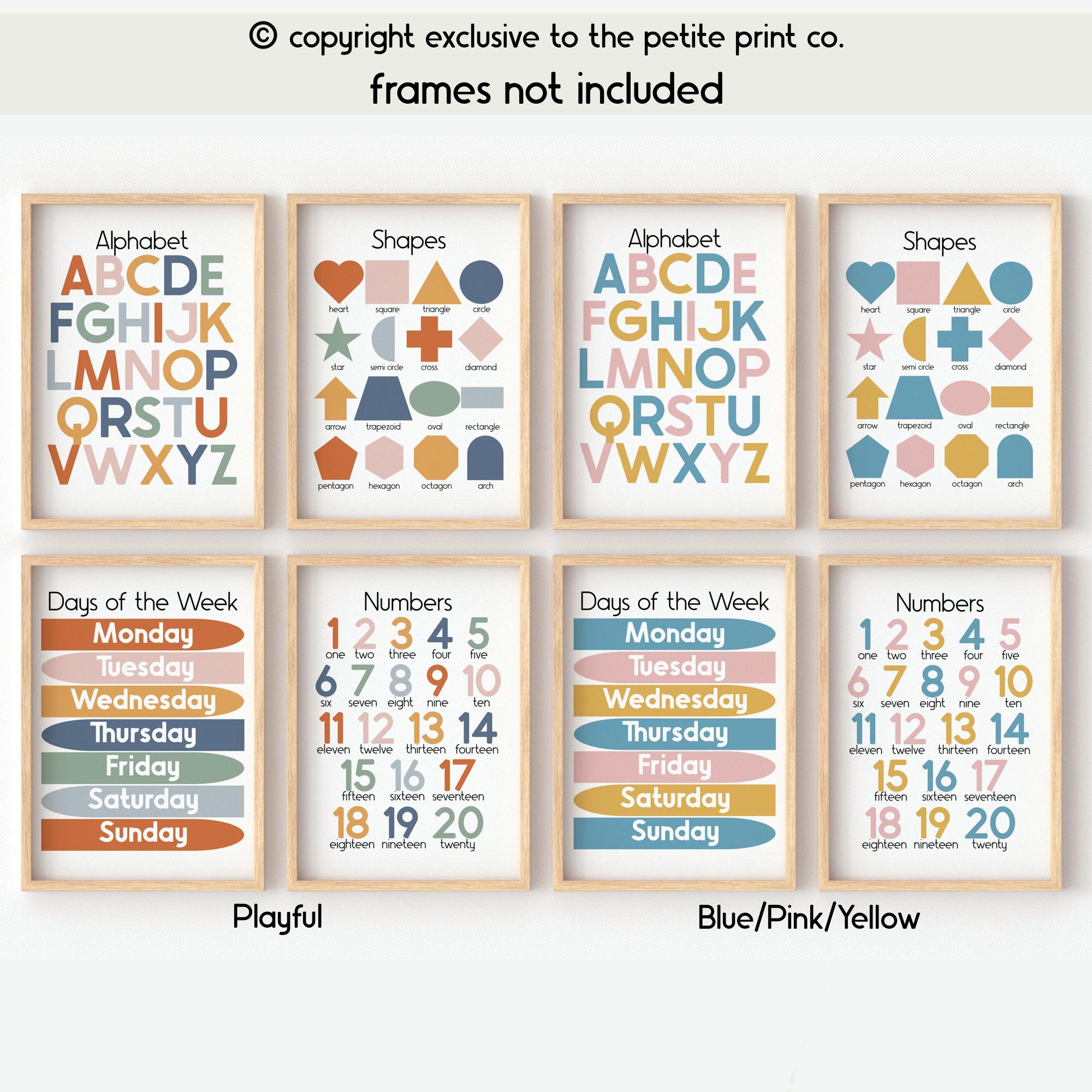 Educational Wall Art Set || Alphabet, Numbers, Shapes & Days of the ...