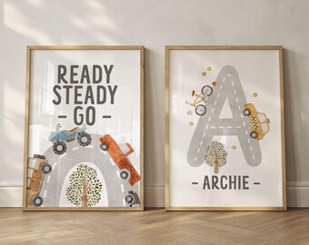Vehicle Nursery Print Set || Ready Steady Go Wall Art, Personalised Name Print, Transport Kids Decor, Playroom Wall Art, UNFRAMED