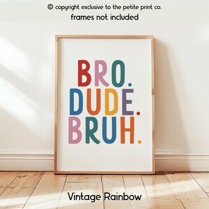 May include: A framed print with the words "BRO. DUDE. BRUH." in colorful, bold letters. The text is in red, blue, pink, orange, and purple. The words are on a white background. The phrase "Vintage Rainbow" is at the bottom.