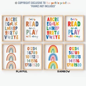May include: Set of six printable wall art prints for a nursery or child's room. The prints feature colorful rainbows, alphabet letters, numbers, and the phrase "Let's read and play all day".