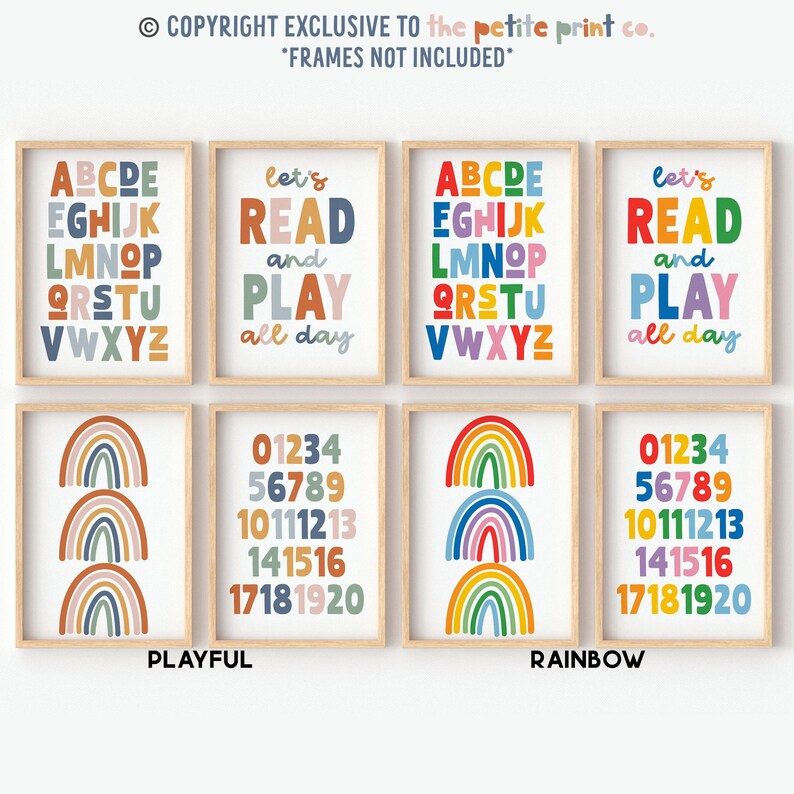May include: Set of six printable wall art prints for a nursery or child's room. The prints feature colorful rainbows, alphabet letters, numbers, and the phrase "Let's read and play all day".
