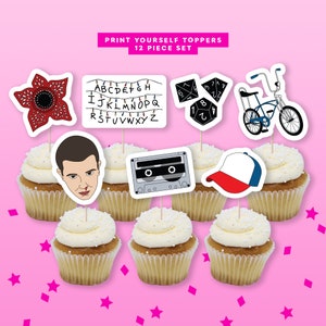 May include: A set of 12 printable cupcake toppers featuring characters and objects from the popular TV show Stranger Things. The toppers include a Demogorgon, a cassette tape, a bicycle, a hat, a character's face, and a set of dice with the alphabet.
