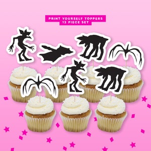 May include: A set of 12 printable cupcake toppers featuring black silhouettes of monsters from the popular TV show Stranger Things. The toppers include the Demogorgon, the Demodog, and the Mind Flayer.