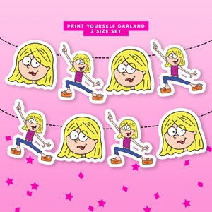 May include: Printable garland featuring a cartoon girl with blonde hair and a pink shirt. The garland comes in two sizes and is perfect for a party or celebration.