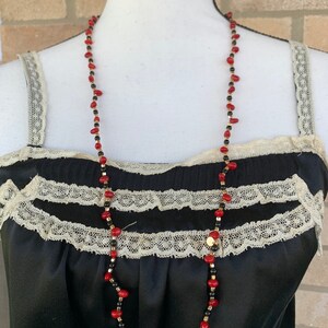 Coral, black jasper and hematite long necklace