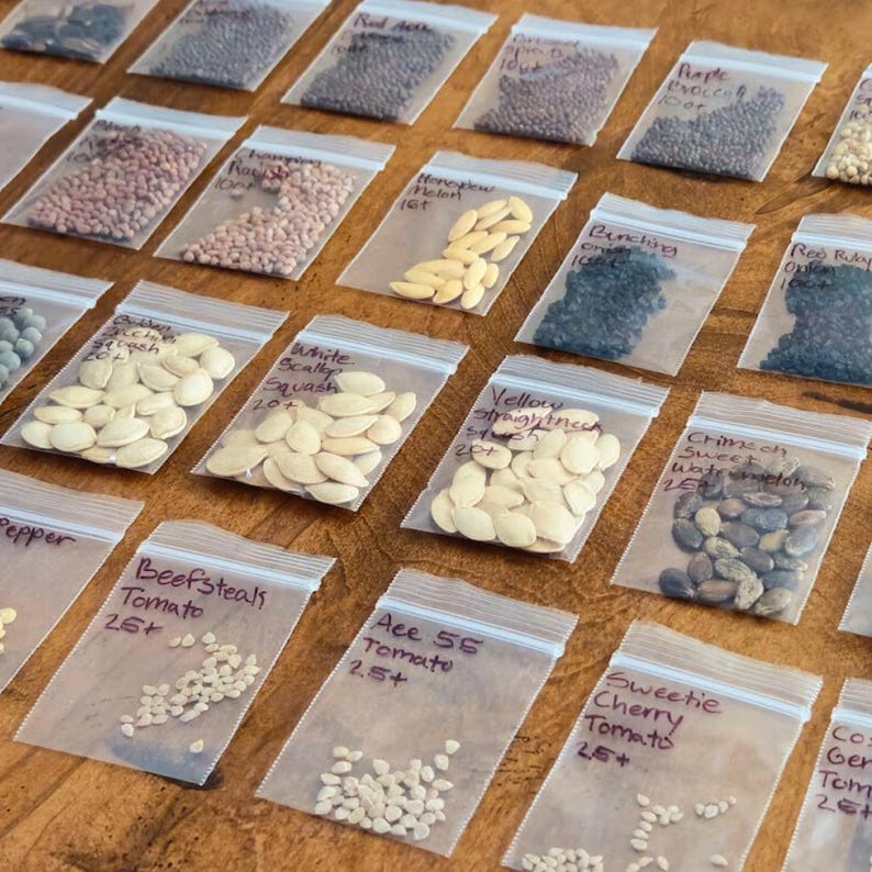 May include: A collection of small, clear plastic bags filled with various seeds, arranged on a wooden surface. Each bag is labeled with the seed type, such as "Beefsteak Tomato" and "Sweetie Cherry Tomato". The seeds vary in color and size.