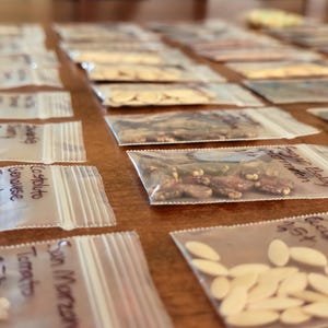May include: Close-up of several small, clear plastic bags filled with various seeds, arranged on a wooden surface. Each bag is labeled with handwritten text, indicating the type of seed. The seeds vary in color and shape, suggesting a variety of plant types.