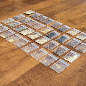 May include: An overhead shot of a collection of small, clear plastic bags filled with various seeds. Each bag is labeled with handwritten text. The bags are arranged in neat rows on a wooden surface, suggesting a gardening or seed-starting theme.