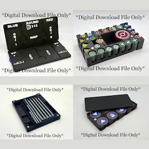 May include: Four black game organizers with various components. One organizer has a scoreboard with "ROUND" and "MAP" text. Another holds game tokens. A third contains game pieces, and the last one holds tokens with blue and white symbols. The text "Digital Download File Only" is present.