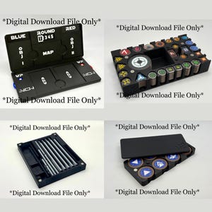 May include: Four black game organizers with various compartments and slots. One organizer has a display for round and map information. Another holds game tokens. The third has slots for game pieces, and the fourth contains game tokens. Text on the images reads "Digital Download File Only."