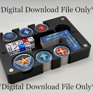 May include: Black game organizer with compartments for dice, game tokens, and cards. The organizer contains dice, blue and red tokens, and a stack of cards. The text "*Digital Download File Only*" is printed on the top and bottom.