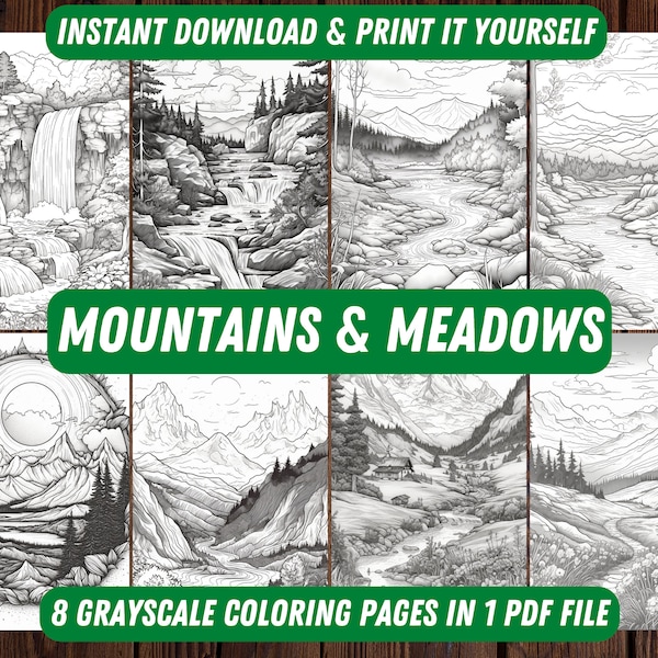 Mountains & Meadows Coloring Book: 8 Printable PDF Pages Featuring Majestic Mountains, Alpine Meadows and Scenic Vistas , Instant Download