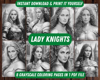 Lady Knights the Grayscale 8 Coloring Pages Instant Download Printable PDF