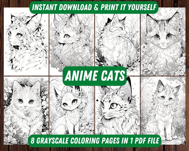 Anime Cats on 8 Coloring Pages as Instant Download Printable PDF in