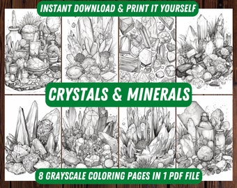 Crystals and Minerals Coloring Book: 8 Printable PDF Pages for Adults and Kids, Gemstones and Rocks, Instant Download