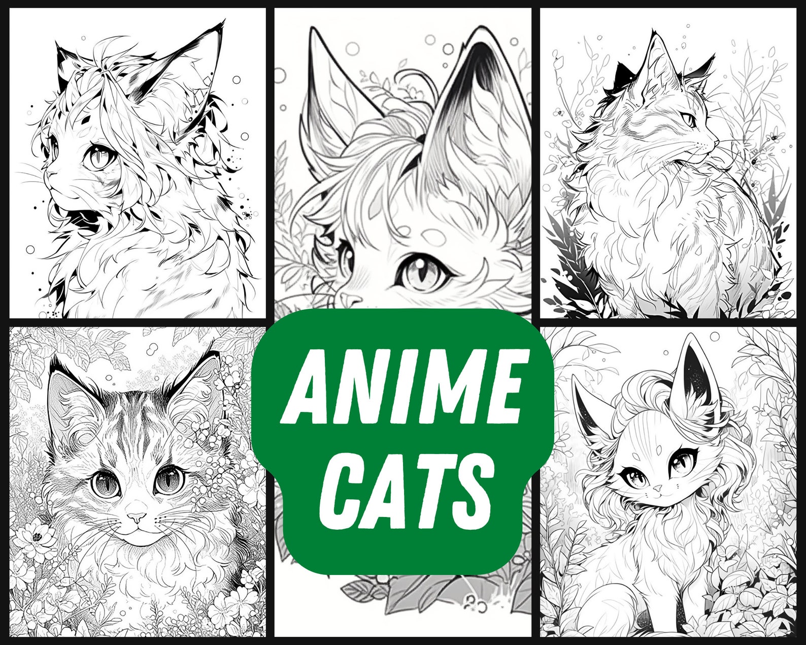 Anime Cats on 8 Coloring Pages as Instant Download Printable PDF in