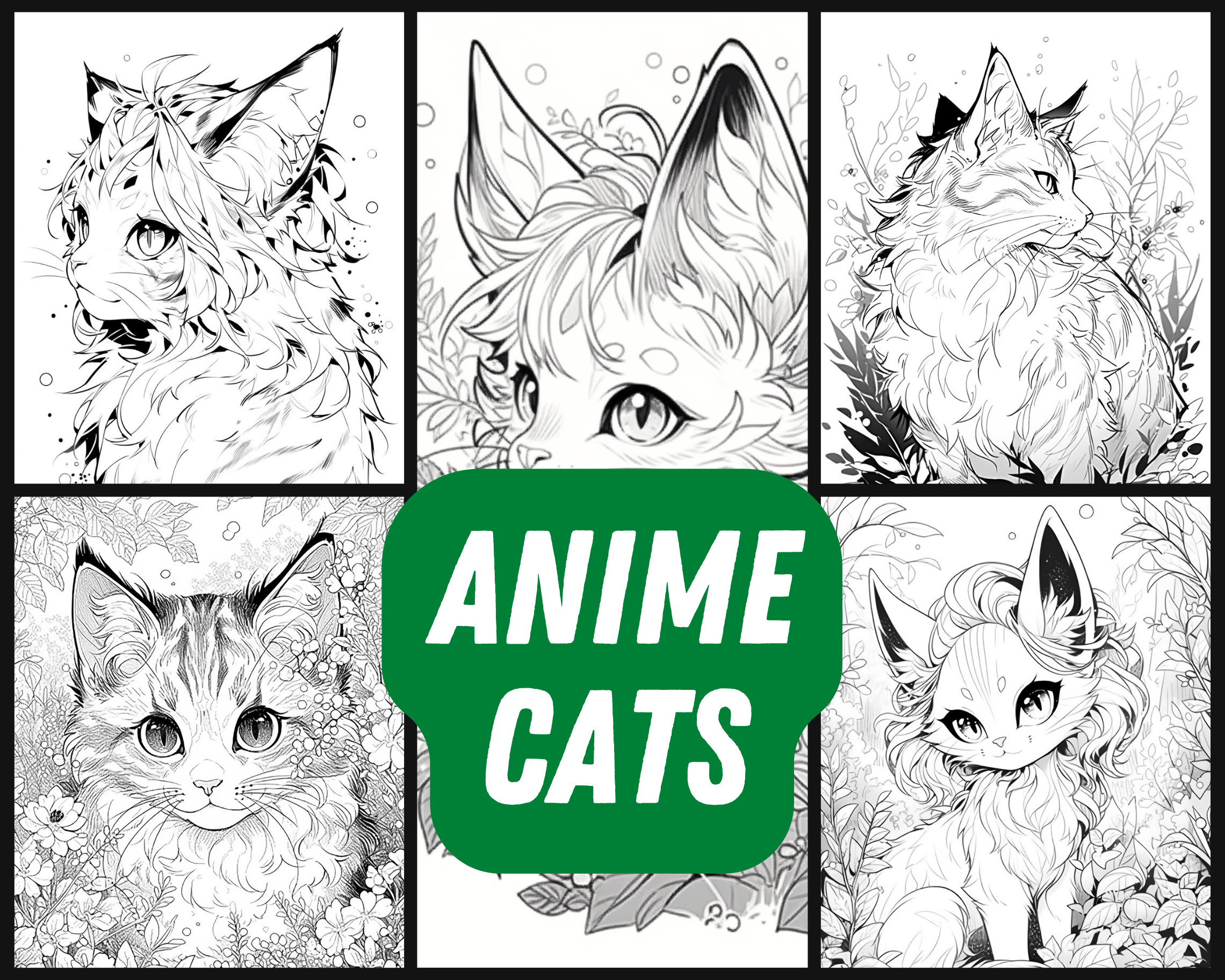 Anime Cats on 8 Coloring Pages as Instant Download Printable PDF in