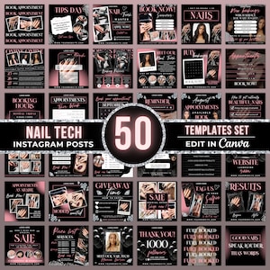 May include: A collection of 50 Instagram post templates for nail technicians, featuring a variety of designs and text overlays. The templates are designed to be edited in Canva and include options for booking appointments, promoting services, showcasing nail art, and more.