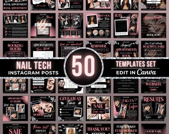 Nail Tech Instagram Post Templates, Nail Artist Posts Bundle, Nails Booking Canva Template, Pink Nail Technician Social Media Post