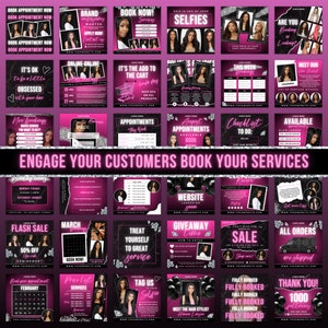 May include: A collection of social media graphics for a hair salon or stylist. The graphics feature a pink and black color scheme with images of women with long, black hair. The text on the graphics includes phrases like "Book Now!" and "Treat Yourself to Great Service".