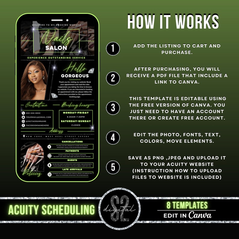 May include: Green and black digital template for a nail salon business. The template includes a photo of a woman with long nails, contact information, business hours, and a list of policies. The text "How It Works" is displayed with five steps for using the template. The text "Acuity Scheduling" is displayed at the bottom of the template.