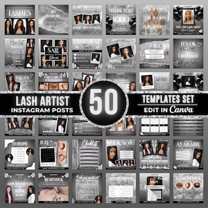 May include: A set of 50 black and white Instagram post templates for lash artists. The templates feature a variety of designs, including text, images, and graphics. The text includes phrases like "Lash Artist", "Book Now", "Available", and "Reminder". The templates are designed to be used in the Canva app.