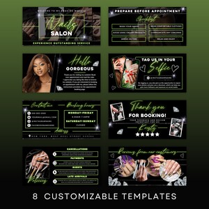 May include: Eight customizable templates for a nail salon business. The templates feature a black background with green and white accents. The templates include information about booking appointments, contact information, and reviews from customers.