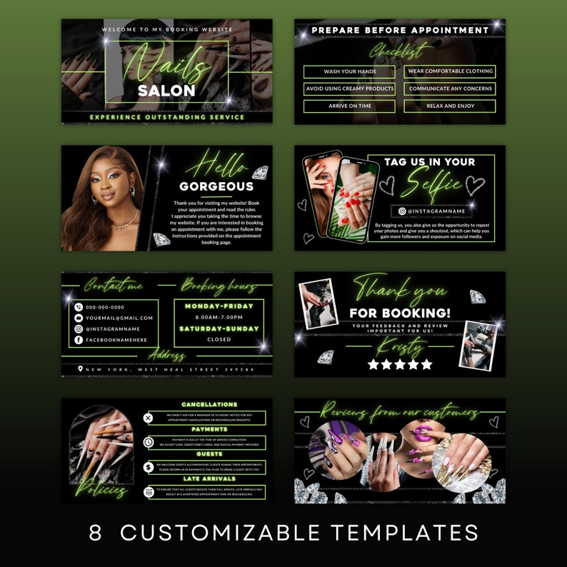 May include: Eight customizable templates for a nail salon business. The templates feature a black background with green and white accents. The templates include information about booking appointments, contact information, and reviews from customers.