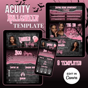 Può includere: Design del modello di Halloween di Acuity con elementi rosa e neri. Il design include testo come "Lashes by Kristy", "Boo Gorgeous" e "Edit in Canva". Il modello è visualizzato su un tablet, un telefono e un altro tablet.