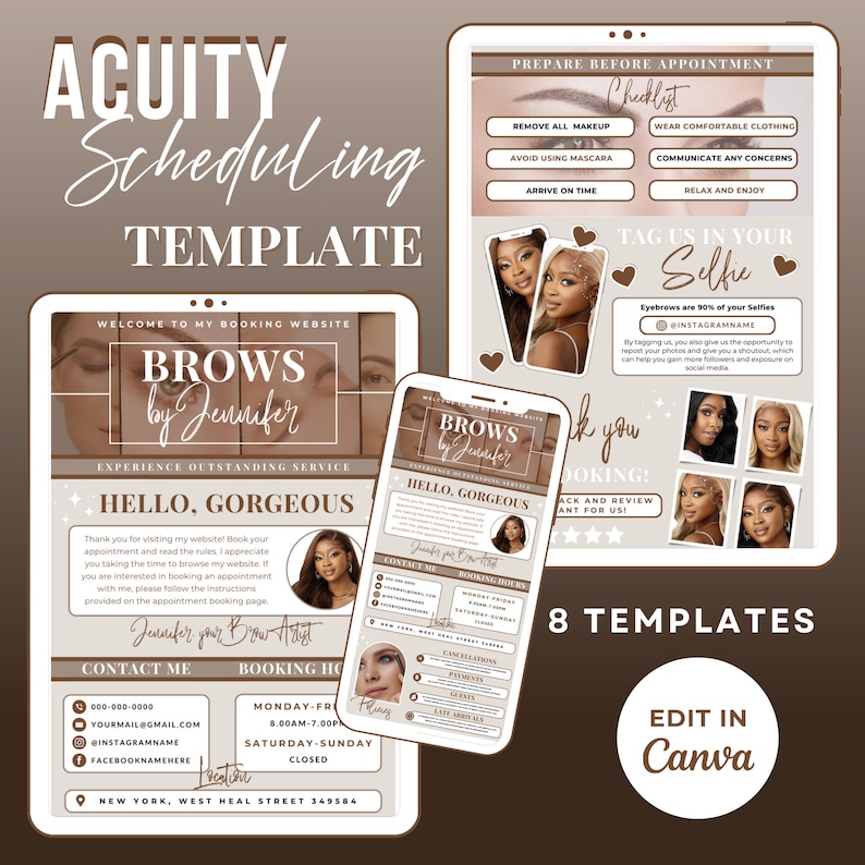 May include: A brown and white digital template for scheduling appointments. The template features the text "BROWS by Jennifer" and "EXPERIENCE OUTSTANDING SERVICE". The template also includes a checklist for preparing for an appointment, a section for booking hours, and a contact section.