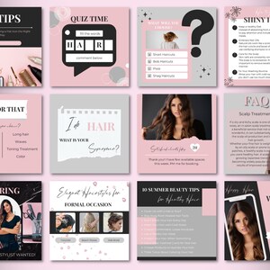 Peut inclure: Une mosa&iuml;que de mod&egrave;les d'histoires Instagram rose et noir pour un salon de coiffure. Les mod&egrave;les pr&eacute;sentent du texte tel que "10 conseils", "Quiz Time", "Ceci ou Cela", "J'aime les cheveux", "Nous embauchons", "Coiffures &eacute;l&eacute;gantes pour les occasions formelles", "10 conseils de beaut&eacute; estivale pour des cheveux sains", "FAQ", "Traitement du cuir chevelu", "Cheveux heureux" et "Nous sommes ouverts".