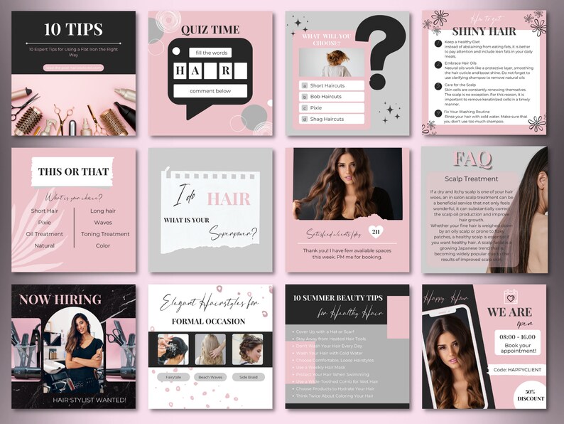 Peut inclure: Une mosa&iuml;que de mod&egrave;les d'histoires Instagram rose et noir pour un salon de coiffure. Les mod&egrave;les pr&eacute;sentent du texte tel que "10 conseils", "Quiz Time", "Ceci ou Cela", "J'aime les cheveux", "Nous embauchons", "Coiffures &eacute;l&eacute;gantes pour les occasions formelles", "10 conseils de beaut&eacute; estivale pour des cheveux sains", "FAQ", "Traitement du cuir chevelu", "Cheveux heureux" et "Nous sommes ouverts".