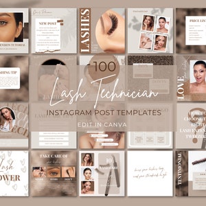 May include: A set of 100 Instagram post templates for lash technicians, featuring images of eyelashes, lash care tips, and other related content. The templates are designed to be edited in Canva.