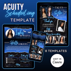 Peut inclure: Un modèle numérique bleu et noir pour la planification des rendez-vous. Le modèle présente une femme aux longs cheveux noirs, le texte "Lashes by Hanna" et les mots "Hello Gorgeous". Le modèle comprend également des coordonnées, des heures de réservation et une adresse.