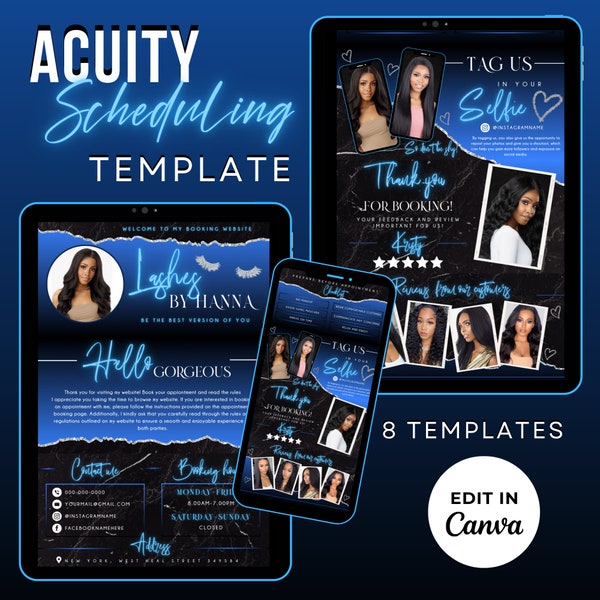 Acuity Scheduling Template, Lash Tech Branding Website Template,Lash Canva Template, Blue Black Acuity Page, Acuity Booking Web Banners, L2