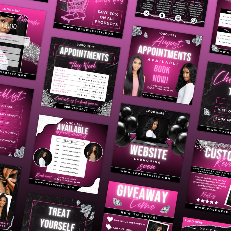 May include: A collection of social media graphics for a hair salon or beauty business. The graphics feature pink and black color schemes with neon pink accents. The graphics include text such as "Appointments", "Website Launching Soon", "Giveaway Time", and "Treat Yourself".