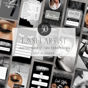 Può includere: Un set di 50 modelli di storie Instagram in bianco e nero per artisti di ciglia. I modelli presentano testo come "Lash Artist", "Let's", "Instagram Story Templates", "Edit in Canva", "June", "Appointments available", "4 Steps to Cleansing Skin", "Lash Styles" e "Classic".