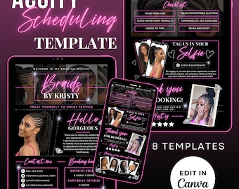 May include: A pink and black digital marketing template for a braiding business. The template features a checklist for clients to prepare before their appointment, a thank you message for booking, and a call to action to tag the business in a selfie. The template also includes the business name "Braids by Kristy" and the text "Treat yourself to great service".