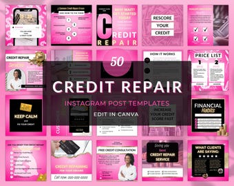 May include: A collection of 50 pink and black Instagram post templates for credit repair businesses. The templates feature text such as "Credit Repair", "Increase Your Credit Score Fast", "Free Credit Consultation", and "What Clients Are Saying".