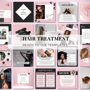 Peut inclure: Un mod&egrave;le de conception graphique rose et noir pour les m&eacute;dias sociaux avec le texte "Traitement des cheveux" et "Mod&egrave;les pr&ecirc;ts &agrave; l'emploi". Le mod&egrave;le comprend des images de produits de soins capillaires, de coiffures et de services de salon.